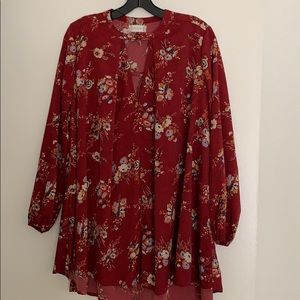 Long sleeve maroon mini dress with floral detail